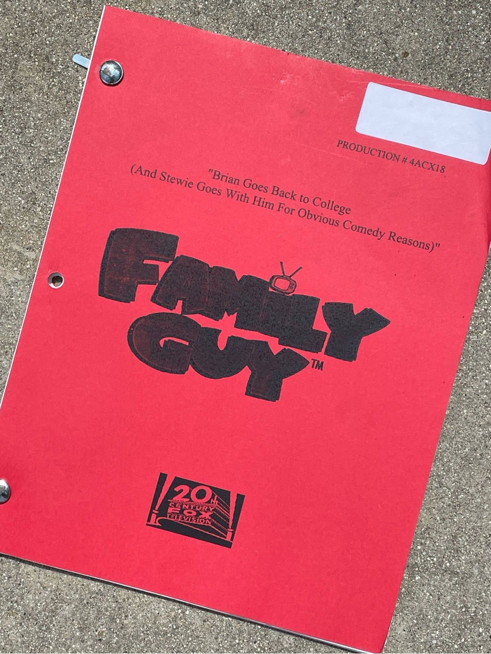 Family Guy 2004 Production Used Table Draft Script Brian Goes Back To College…